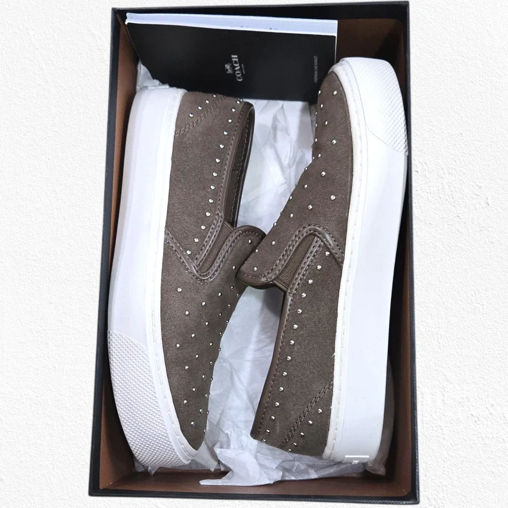 Coach Cameron Studded Suede Slip-On Platform Sneakers Fatigue Brown 5M EU 35 - Picture 15 of 16